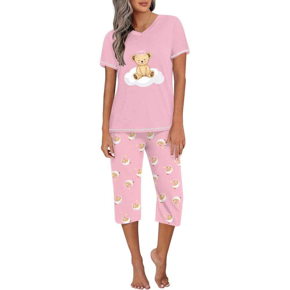 imageEkouaer Womens Sleepwear Capri Pajama Sets Short Sleeve TwoPiece Pjs V Neck Tops amp Capri Pants with Pockets S3XLBear Good Night Pink