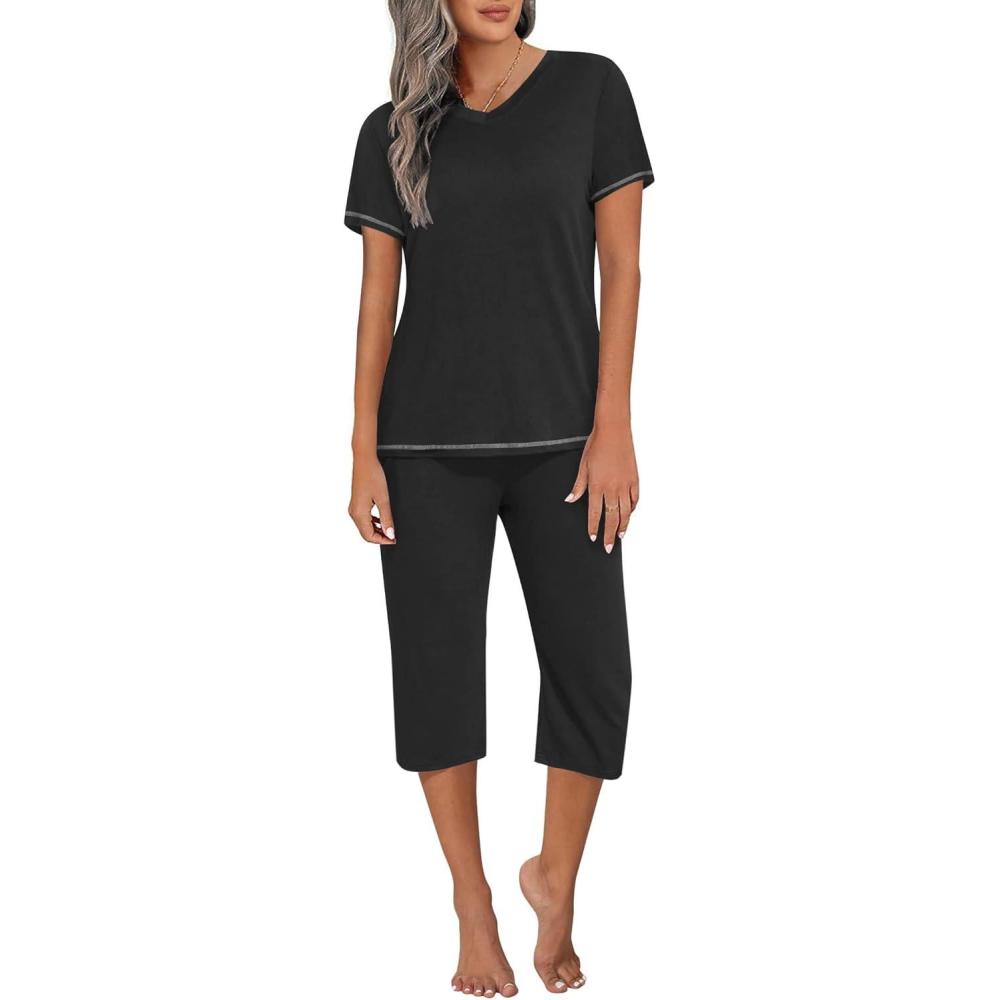 imageEkouaer Womens Sleepwear Capri Pajama Sets Short Sleeve TwoPiece Pjs V Neck Tops amp Capri Pants with Pockets S3XLBlack