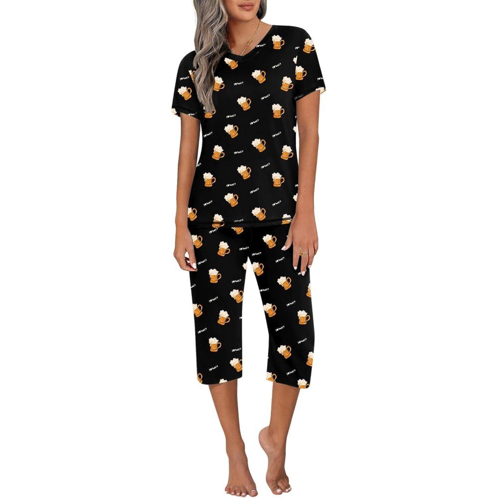 imageEkouaer Womens Sleepwear Capri Pajama Sets Short Sleeve TwoPiece Pjs V Neck Tops amp Capri Pants with Pockets S3XLBlack Beer