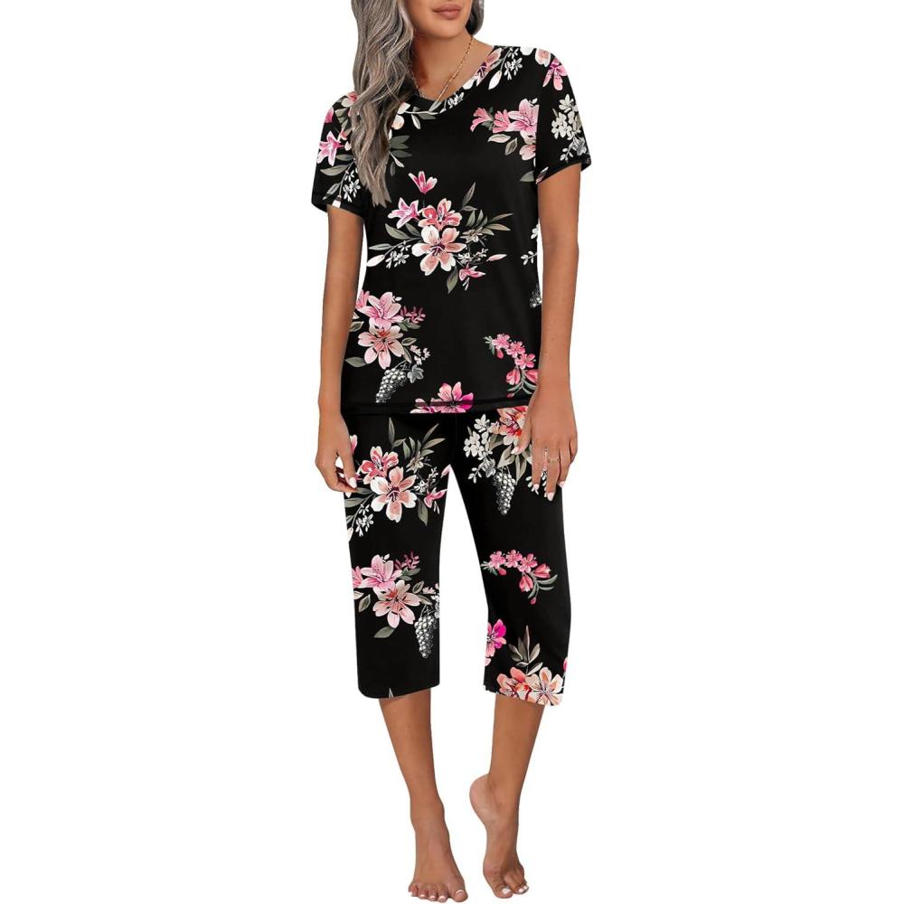 imageEkouaer Womens Sleepwear Capri Pajama Sets Short Sleeve TwoPiece Pjs V Neck Tops amp Capri Pants with Pockets S3XLBlack Flowers