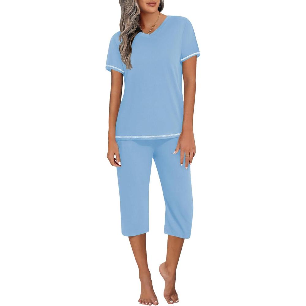 imageEkouaer Womens Sleepwear Capri Pajama Sets Short Sleeve TwoPiece Pjs V Neck Tops amp Capri Pants with Pockets S3XLBlue