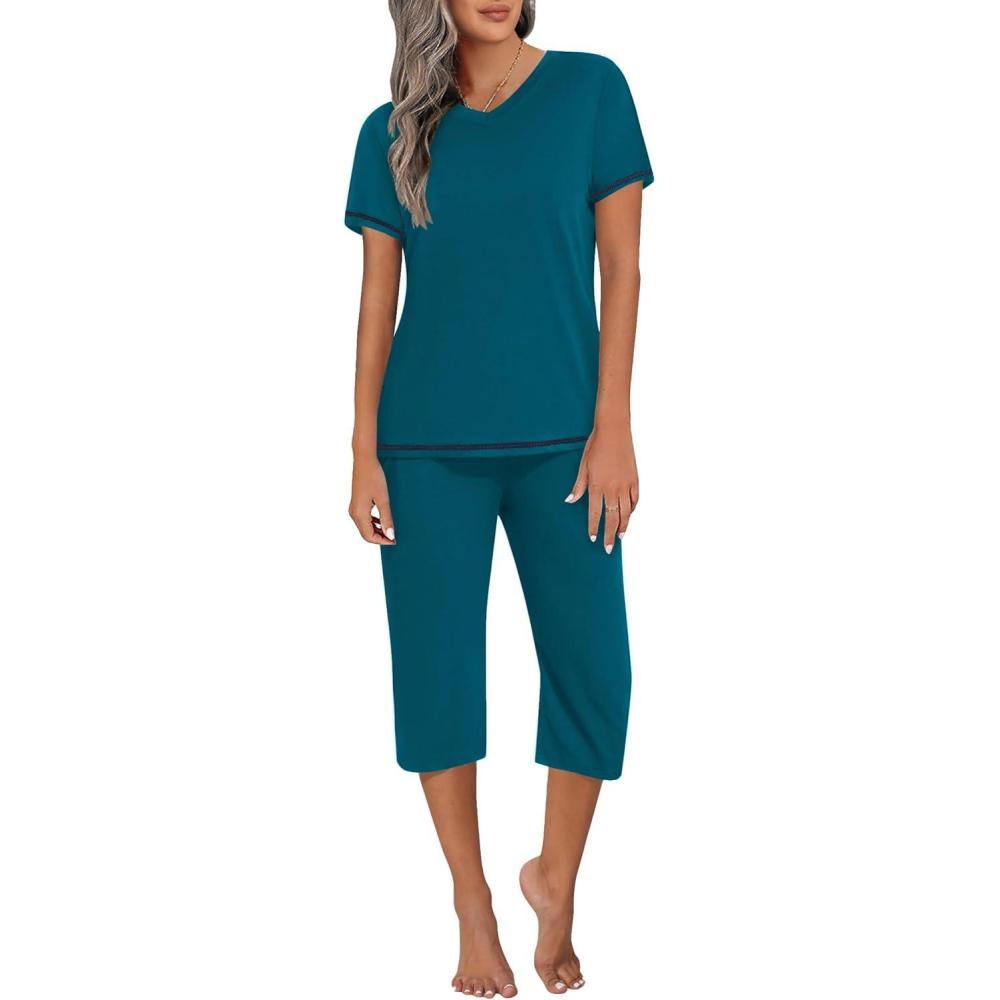 imageEkouaer Womens Sleepwear Capri Pajama Sets Short Sleeve TwoPiece Pjs V Neck Tops amp Capri Pants with Pockets S3XLBlue Green