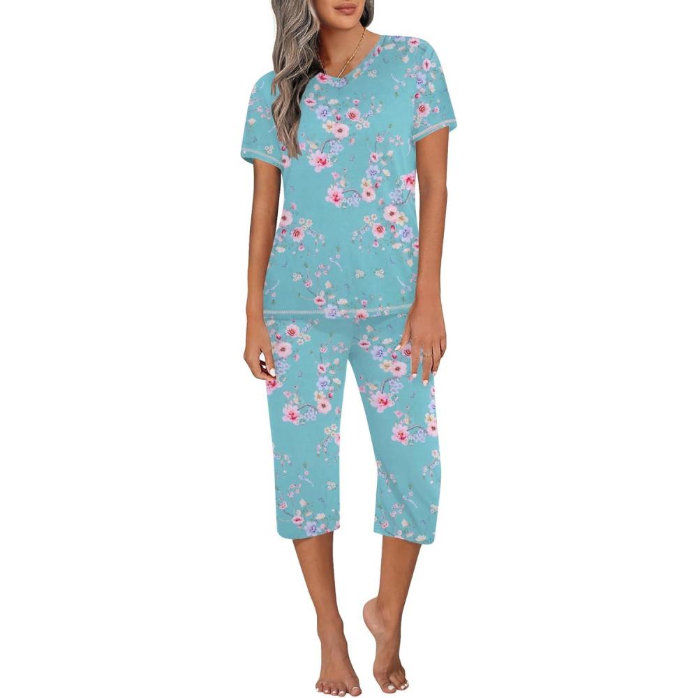 imageEkouaer Womens Sleepwear Capri Pajama Sets Short Sleeve TwoPiece Pjs V Neck Tops amp Capri Pants with Pockets S3XLBlue Green Small Flowers