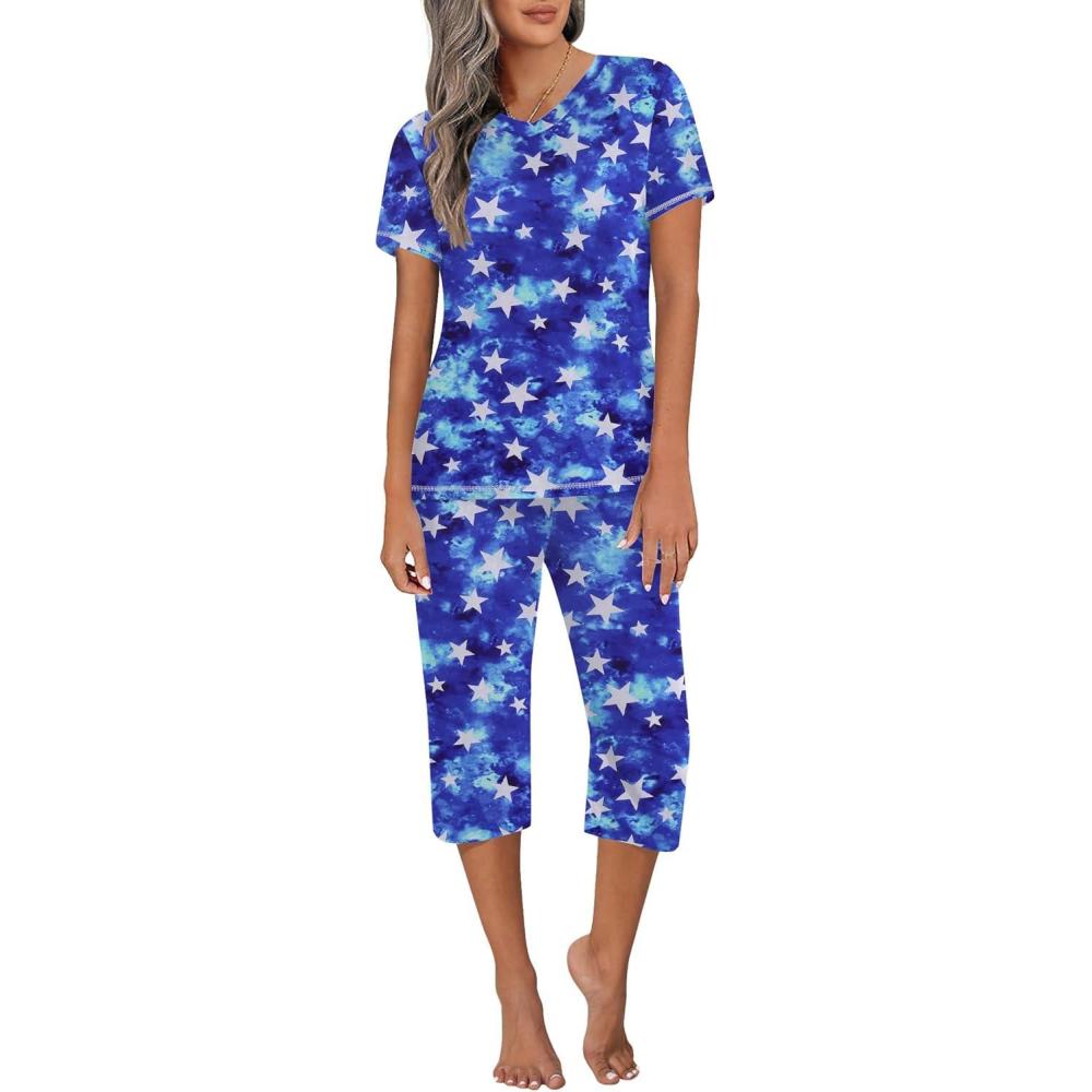 imageEkouaer Womens Sleepwear Capri Pajama Sets Short Sleeve TwoPiece Pjs V Neck Tops amp Capri Pants with Pockets S3XLBlue Stars