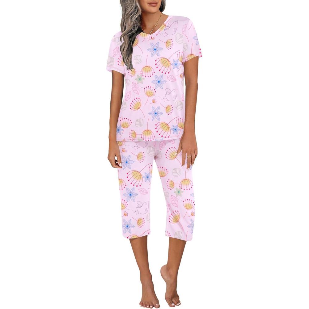imageEkouaer Womens Sleepwear Capri Pajama Sets Short Sleeve TwoPiece Pjs V Neck Tops amp Capri Pants with Pockets S3XLColorful Flowers