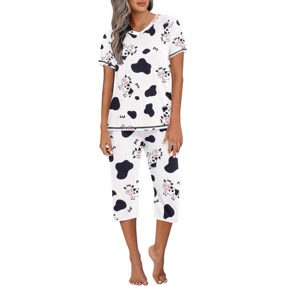 imageEkouaer Womens Sleepwear Capri Pajama Sets Short Sleeve TwoPiece Pjs V Neck Tops amp Capri Pants with Pockets S3XLDairy Cows