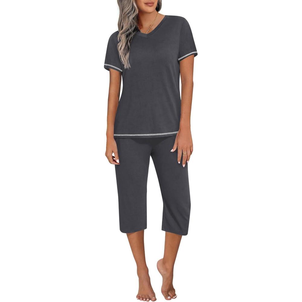 imageEkouaer Womens Sleepwear Capri Pajama Sets Short Sleeve TwoPiece Pjs V Neck Tops amp Capri Pants with Pockets S3XLDark Grey