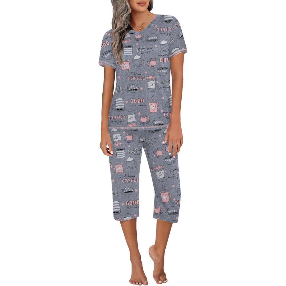 imageEkouaer Womens Sleepwear Capri Pajama Sets Short Sleeve TwoPiece Pjs V Neck Tops amp Capri Pants with Pockets S3XLGray Coffee Cups