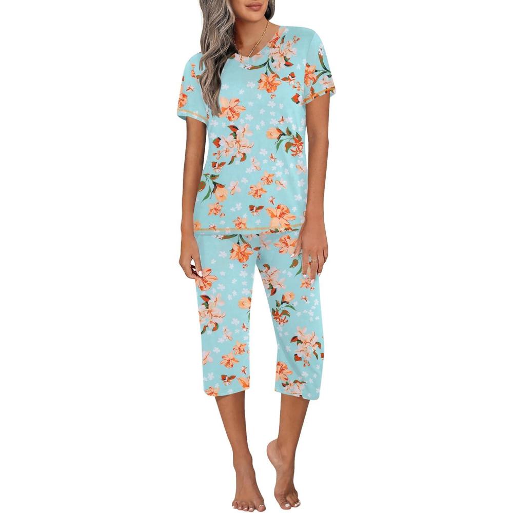 imageEkouaer Womens Sleepwear Capri Pajama Sets Short Sleeve TwoPiece Pjs V Neck Tops amp Capri Pants with Pockets S3XLGreen Flowers