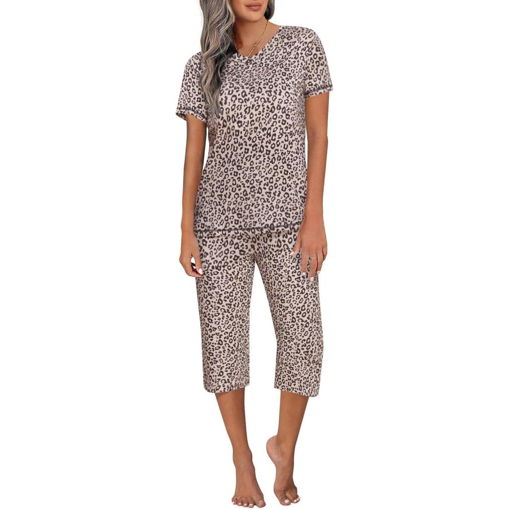 imageEkouaer Womens Sleepwear Capri Pajama Sets Short Sleeve TwoPiece Pjs V Neck Tops amp Capri Pants with Pockets S3XLLeopard