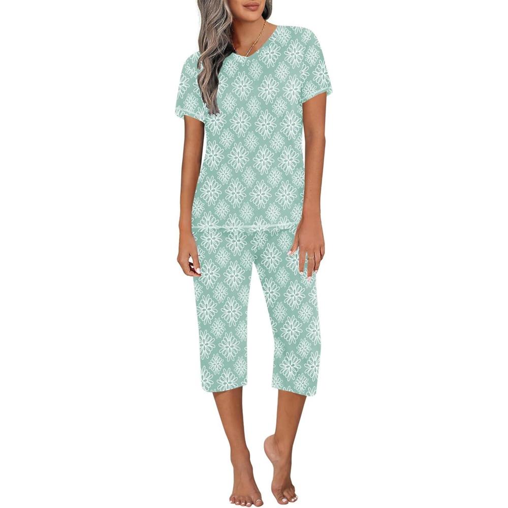 imageEkouaer Womens Sleepwear Capri Pajama Sets Short Sleeve TwoPiece Pjs V Neck Tops amp Capri Pants with Pockets S3XLLight Green Flowers