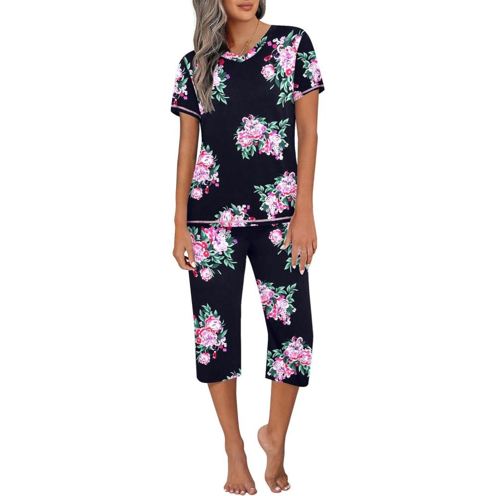 imageEkouaer Womens Sleepwear Capri Pajama Sets Short Sleeve TwoPiece Pjs V Neck Tops amp Capri Pants with Pockets S3XLNavy Flowers