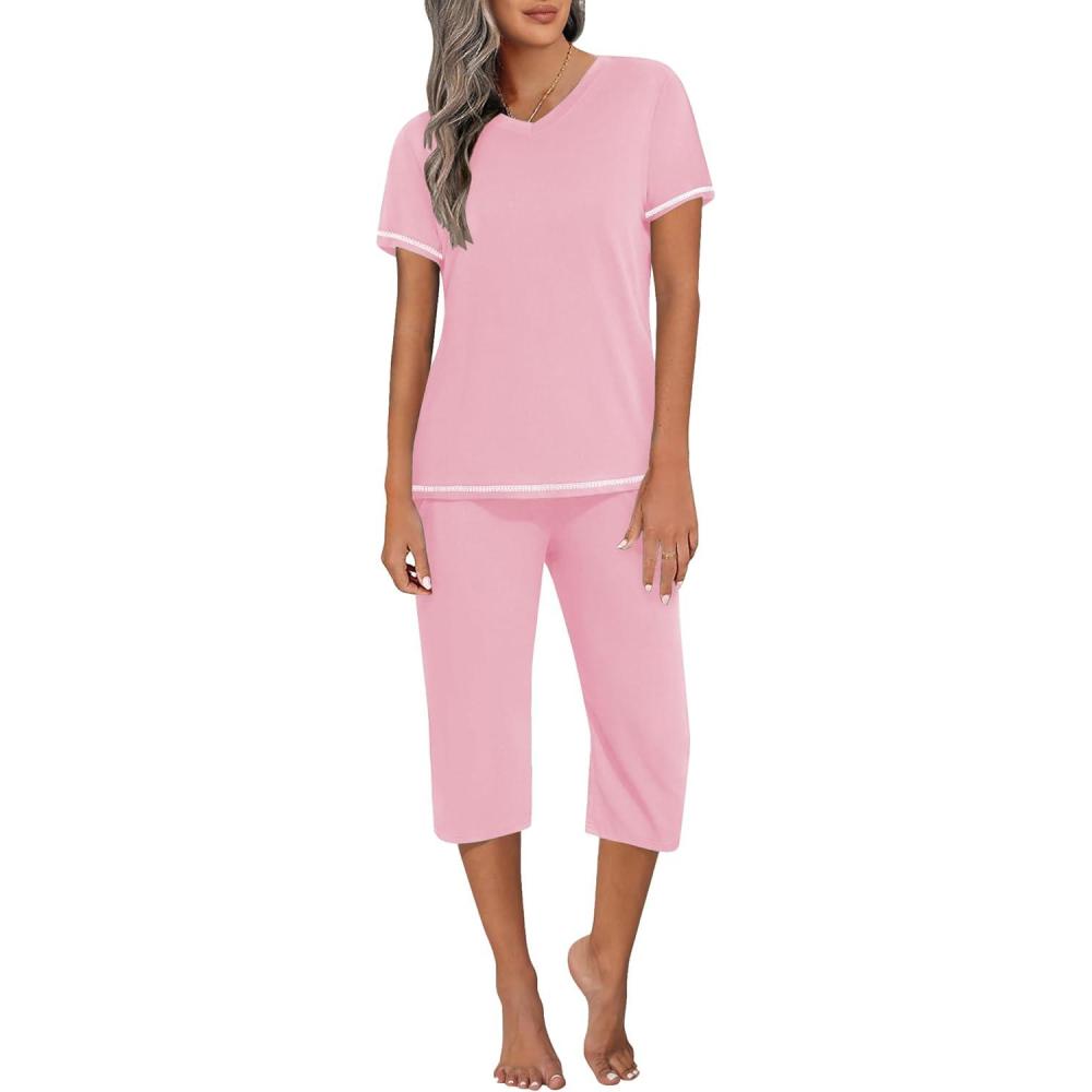 imageEkouaer Womens Sleepwear Capri Pajama Sets Short Sleeve TwoPiece Pjs V Neck Tops amp Capri Pants with Pockets S3XLPink