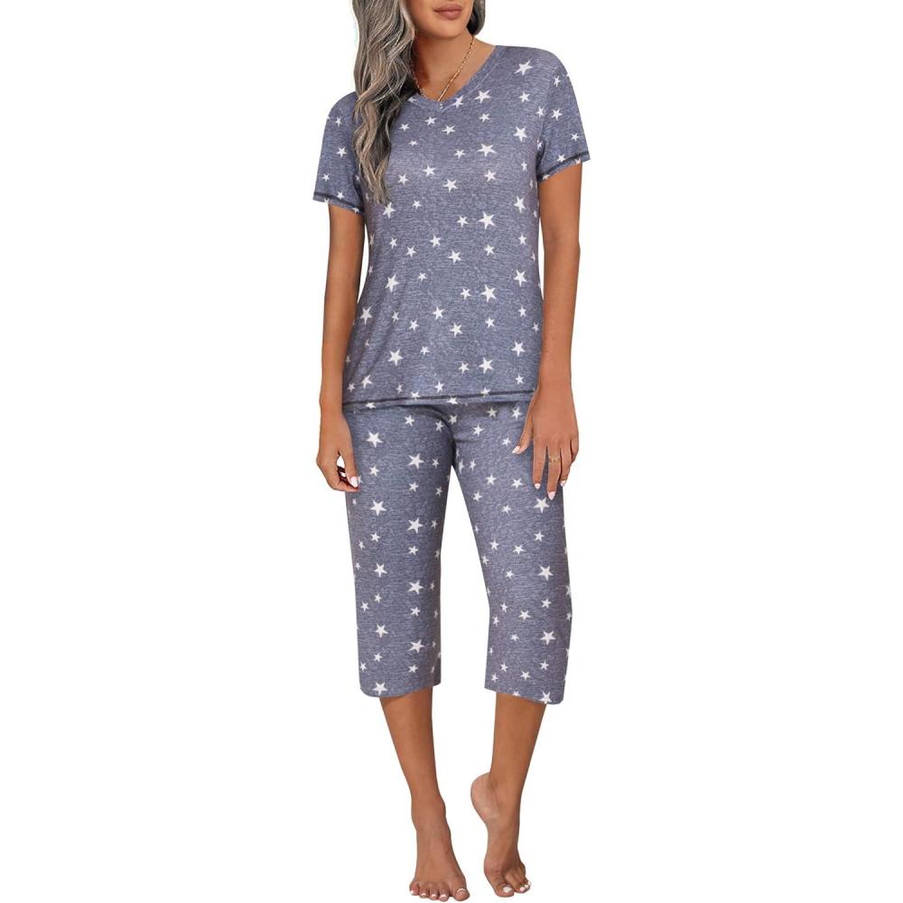 imageEkouaer Womens Sleepwear Capri Pajama Sets Short Sleeve TwoPiece Pjs V Neck Tops amp Capri Pants with Pockets S3XLStars