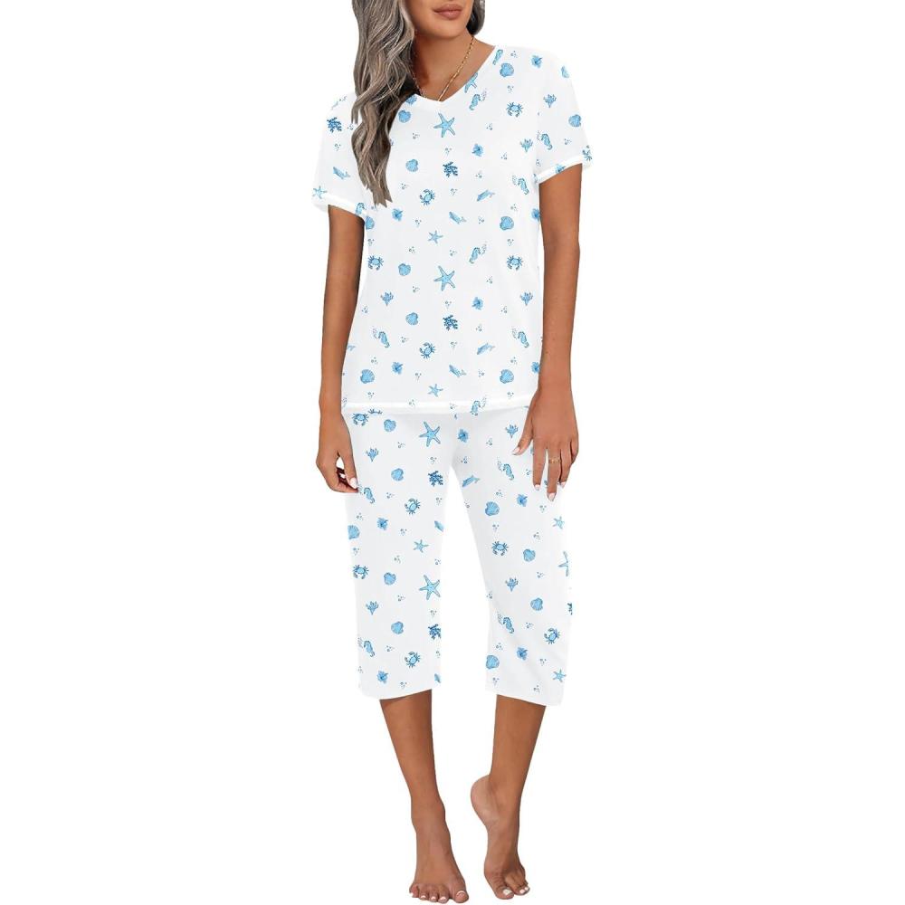 imageEkouaer Womens Sleepwear Capri Pajama Sets Short Sleeve TwoPiece Pjs V Neck Tops amp Capri Pants with Pockets S3XLWhite Shells