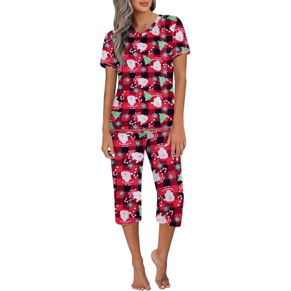 imageEkouaer Womens Sleepwear Capri Pajama Sets Short Sleeve TwoPiece Pjs V Neck Tops amp Capri Pants with Pockets S3XLZ Christmas Santa Plaid