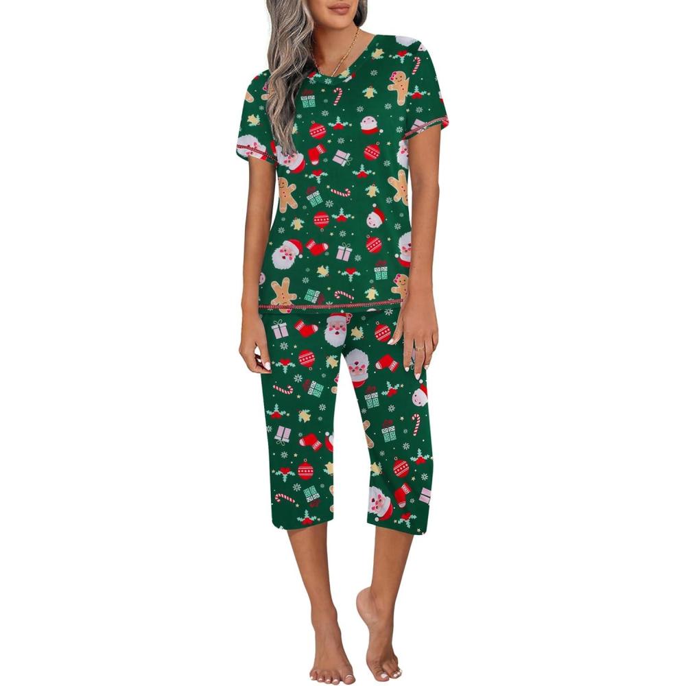 imageEkouaer Womens Sleepwear Capri Pajama Sets Short Sleeve TwoPiece Pjs V Neck Tops amp Capri Pants with Pockets S3XLZ Christmas Trees