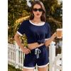 Ekouaer Women Ribbed Knit Pajama Sets, Short Sleeve Top and Shorts 2 Piece Soft Pjs Sleepwear with Pockets Lounge Sets S-XXL(Navy Blue)
