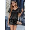 Ekouaer Women Satin Pajamas Set Ruffle Sleeves Silk Pj Set Soft V Neck Sleepwear Loungewear(Black)