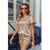 Ekouaer Women Satin Pajamas Set Ruffle Sleeves Silk Pj Set Soft V Neck Sleepwear Loungewear(Khaki)