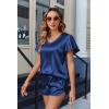 Ekouaer Women Satin Pajamas Set Ruffle Sleeves Silk Pj Set Soft V Neck Sleepwear Loungewear(Navy Blue)