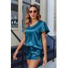 Ekouaer Women Satin Pajamas Set Ruffle Sleeves Silk Pj Set Soft V Neck Sleepwear Loungewear(Peacock Blue)