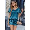 Ekouaer Women Satin Pajamas Set Ruffle Sleeves Silk Pj Set Soft V Neck Sleepwear Loungewear(Peacock Blue)
