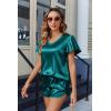 Ekouaer Women Satin Pajamas Set Ruffle Sleeves Silk Pj Set Soft V Neck Sleepwear Loungewear(Teal)