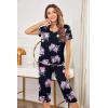 Ekouaer Women’s Sleepwear Capri Pajama Sets Short Sleeve Two-Piece Pjs V Neck Tops & Capri Pants with Pockets S-3XL(Navy Flowers)