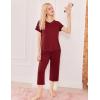 Ekouaer Women’s Sleepwear Capri Pajama Sets Short Sleeve Two-Piece Pjs V Neck Tops & Capri Pants with Pockets S-3XL(Wine Red)