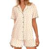 Ekouaer Button Up Pajamas Set for Women Short Sleeve Ribbed Knit Sleepwear 2 Piece Pjs Shorts Set(Apricot-floral)