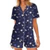 Ekouaer Button Up Pajamas Set for Women Short Sleeve Ribbed Knit Sleepwear 2 Piece Pjs Shorts Set(Blue Teddy)
