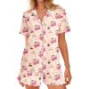 Ekouaer Button Up Pajamas Set for Women Short Sleeve Ribbed Knit Sleepwear 2 Piece Pjs Shorts Set(Cherry Teddy)