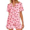 Ekouaer Button Up Pajamas Set for Women Short Sleeve Ribbed Knit Sleepwear 2 Piece Pjs Shorts Set(Pink-cherries)