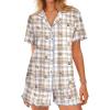 Ekouaer Button Up Pajamas Set for Women Short Sleeve Ribbed Knit Sleepwear 2 Piece Pjs Shorts Set(Plaid Teddy)