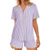 Ekouaer Button Up Pajamas Set for Women Short Sleeve Ribbed Knit Sleepwear 2 Piece Pjs Shorts Set(Purple Stripe)