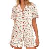 Ekouaer Button Up Pajamas Set for Women Short Sleeve Ribbed Knit Sleepwear 2 Piece Pjs Shorts Set(Teddy Tree)