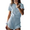 Ekouaer Womens Ribbed Knit Pajama Sets 2 Piece Short Sleeve Pjs Cute Pajamas Ruffle Lounge Sets Soft Sleepwear Set S-XXL(Light Blue)