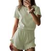Ekouaer Womens Ribbed Knit Pajama Sets 2 Piece Short Sleeve Pjs Cute Pajamas Ruffle Lounge Sets Soft Sleepwear Set S-XXL(Light Green)
