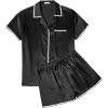 Ekouaer Womens Silk Pajama Sets 2 Piece Satin Pj Set Button Down Shirt and Shorts Lounge Sets Classic with Pockets(Black)