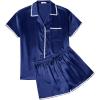 Ekouaer Womens Silk Pajama Sets 2 Piece Satin Pj Set Button Down Shirt and Shorts Lounge Sets Classic with Pockets(Navy Blue)