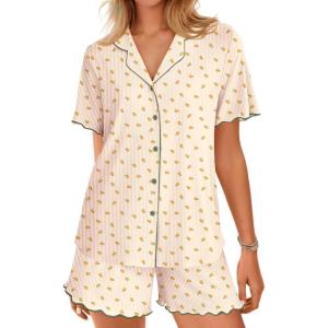 Ekouaer Button Up Pajamas Set for Women Short Sleeve Ribbed Knit Sleepwear 2 Piece Pjs Shorts Set(Apricot-floral)