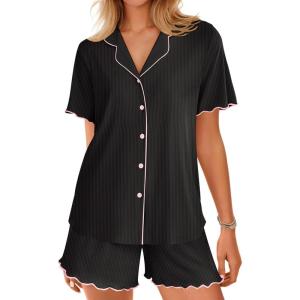 Ekouaer Button Up Pajamas Set for Women Short Sleeve Ribbed Knit Sleepwear 2 Piece Pjs Shorts Set(Black)