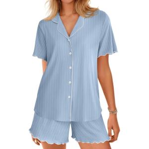 Ekouaer Button Up Pajamas Set for Women Short Sleeve Ribbed Knit Sleepwear 2 Piece Pjs Shorts Set(Blue)