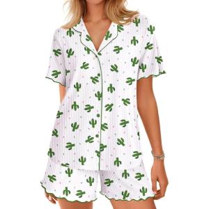 Ekouaer Button Up Pajamas Set for Women Short Sleeve Ribbed Knit Sleepwear 2 Piece Pjs Shorts Set(Cactus)