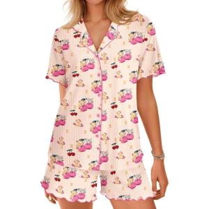 Ekouaer Button Up Pajamas Set for Women Short Sleeve Ribbed Knit Sleepwear 2 Piece Pjs Shorts Set(Cherry Teddy)