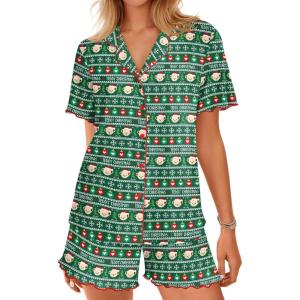 Ekouaer Button Up Pajamas Set for Women Short Sleeve Ribbed Knit Sleepwear 2 Piece Pjs Shorts Set(Christmas Green)
