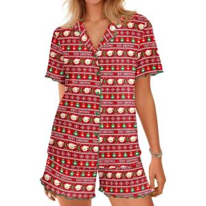 Ekouaer Button Up Pajamas Set for Women Short Sleeve Ribbed Knit Sleepwear 2 Piece Pjs Shorts Set(Christmas Red)