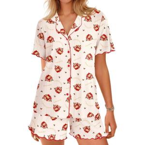 Ekouaer Button Up Pajamas Set for Women Short Sleeve Ribbed Knit Sleepwear 2 Piece Pjs Shorts Set(Christmas Teddy)