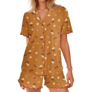Ekouaer Button Up Pajamas Set for Women Short Sleeve Ribbed Knit Sleepwear 2 Piece Pjs Shorts Set(Doughnut Teddy)